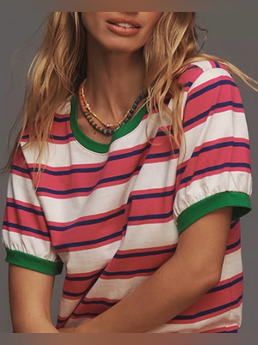 Pilcro Short sleeve tee Striped Pink & White Crewneck Top with Green Trim xsmall